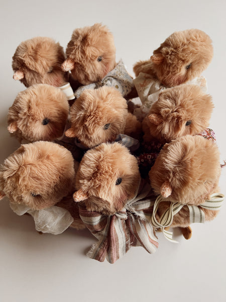 faux fur chick dolls with scarves on a light background