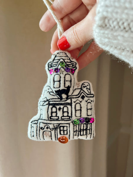 Fuzzy Glitzy Haunted Home Halloween Ornament Charm