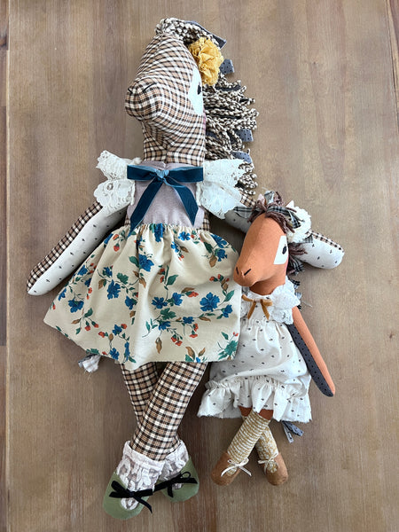 Wonder-Filled Oversized Bespoke Horse Doll // Plaid Vintage Floral - DaintyCheeks